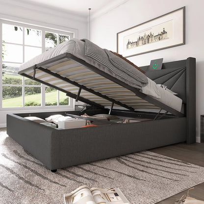 Bed – Tweepersoonsbed – Gestoffeerd Bed – Opbergbed – Linnen Bedframe – Donkergrijs – 160x200 cm – Met USB-C Oplaadfunctie – Met Grote Opberglade