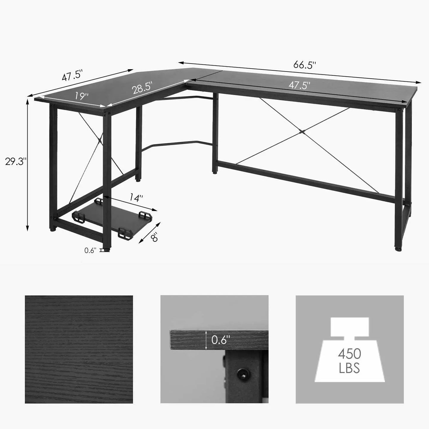 L-vormig Bureau – Hoekbureau – Computertafel – Gaming Bureau – Bureaublad – Extra Groot Werkblad – Stevige Stalen Frame - Zwart - QUORE