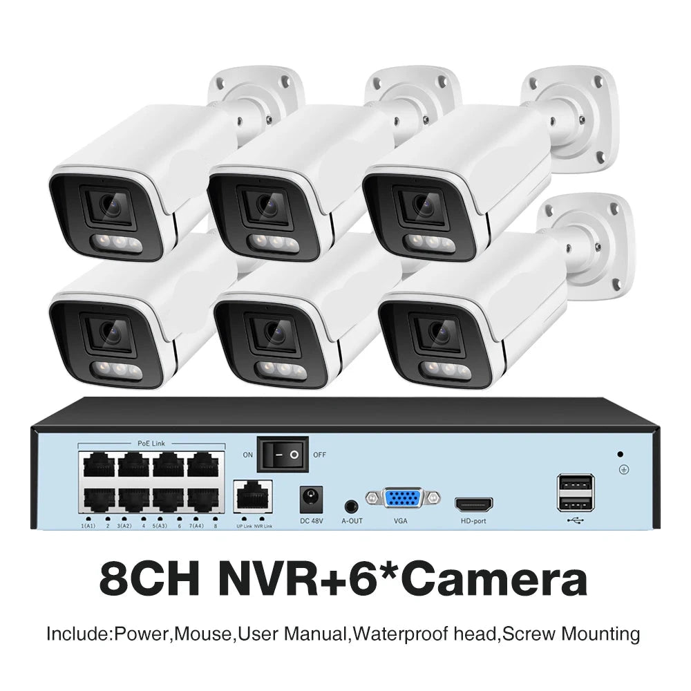 Beveiligingscamerasysteem - Camerabewaking - Beveiligingscamera - POE Camera Kit - 8CH NVR - Nachtzicht - Weerbestendig - AI Bewegingsdetectie - Binnen en Buiten - 6 Camera's - Ingebouwde HDD: 4T
