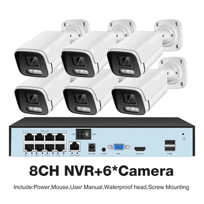 Beveiligingscamerasysteem - Camerabewaking - Beveiligingscamera - POE Camera Kit - 8CH NVR - Nachtzicht - Weerbestendig - AI Bewegingsdetectie - Binnen en Buiten - 6 Camera's - Ingebouwde HDD: 4T