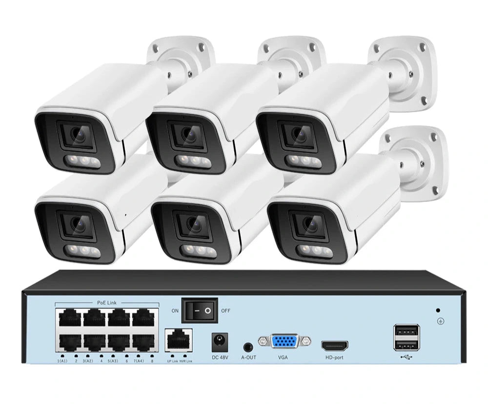Beveiligingscamerasysteem - Camerabewaking - Beveiligingscamera - POE Camera Kit - 8CH NVR - Nachtzicht - Weerbestendig - AI Bewegingsdetectie - Binnen en Buiten - 6 Camera's - Ingebouwde HDD: 1T - QUORE