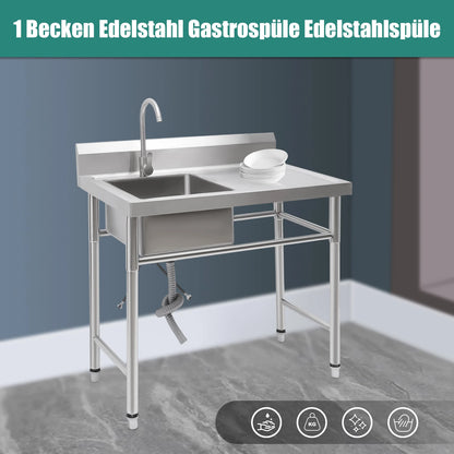 Vrijstaande Spoeltafel – RVS Spoelbak – Horeca Wasbak – Professionele Spoeltafel – 201 Roestvrij Staal – Verstelbare Poten