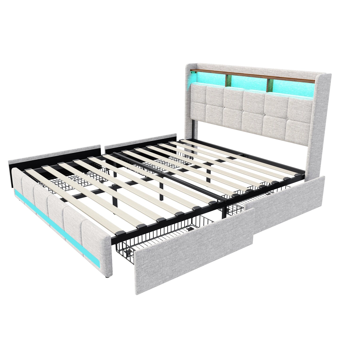 Anajqaqia 160×200 cm Upholstered Double Bed, with 4 Drawers Bed Frame, with USB Charging Station and LED Headboard, Linen, Beige