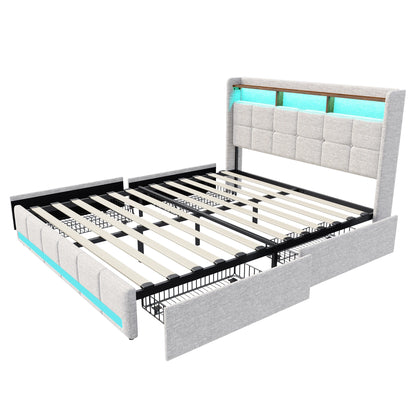 Anajqaqia 160×200 cm Upholstered Double Bed, with 4 Drawers Bed Frame, with USB Charging Station and LED Headboard, Linen, Beige