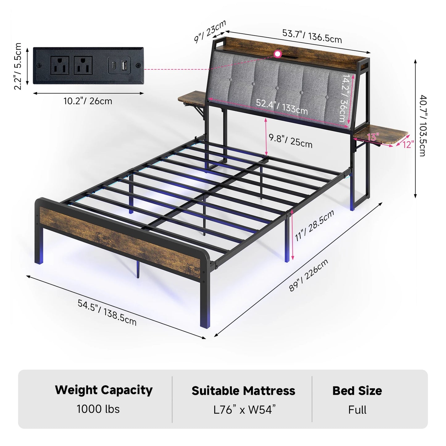 Bedframe – Slim Bed – Opbergbed – Bed Met Opbergruimte – Met Oplaadstation – RGB LED-Strip – Robuust Houten Frame - QUORE