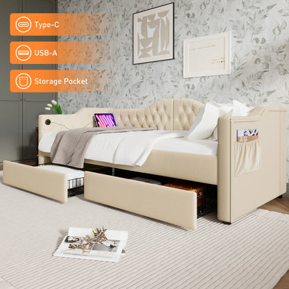 Slaapbank – Bedbank – Logeerbank – Bedbank Met Opbergruimte – Beige Fluwelen Slaapbank 90x200 cm – Met USB Type-C Oplaadpoort – Inclusief 2 Lade Opbergruimtes