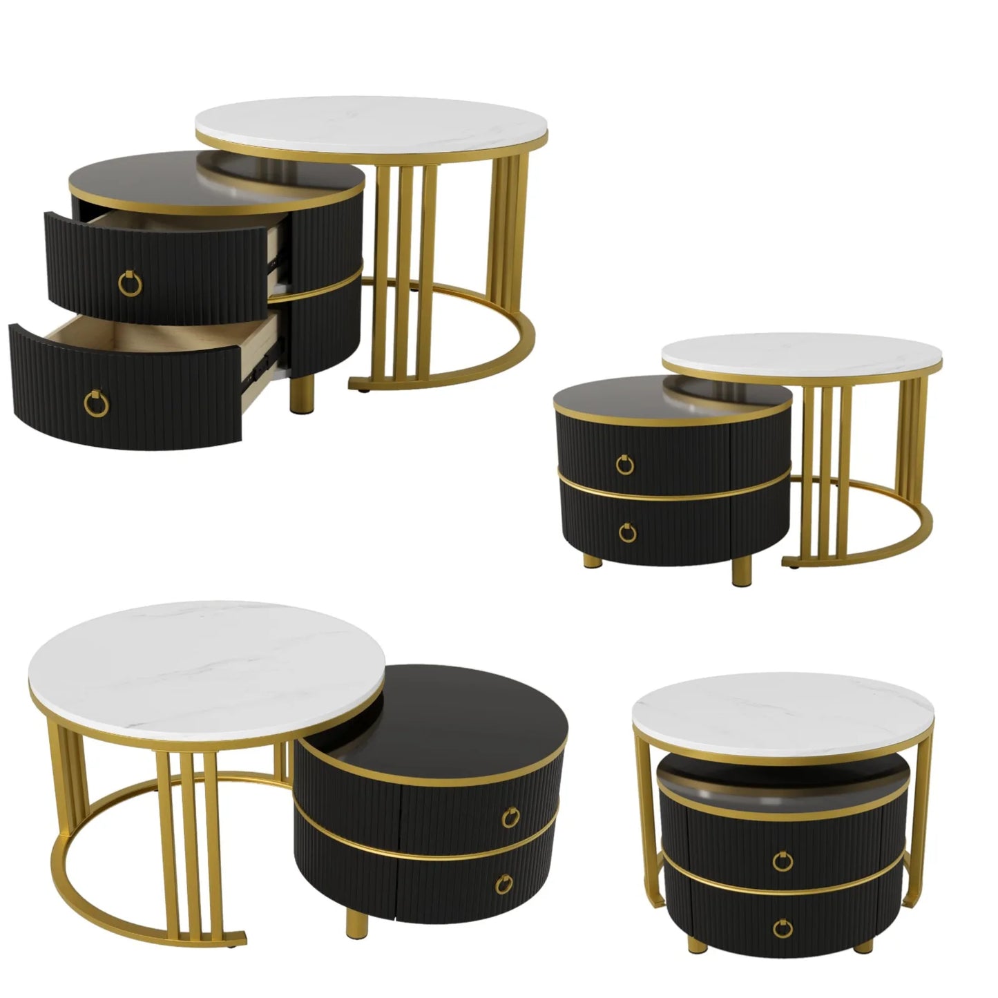 Ronde Salontafel – Bijzettafel – Woonkamertafel – Opbergtafel – 2-in-1 Set – Marmerlook Hoogglans – MDF Met Lade – 70x70x46 cm + 50x50x40 cm – Luxe Modern Design