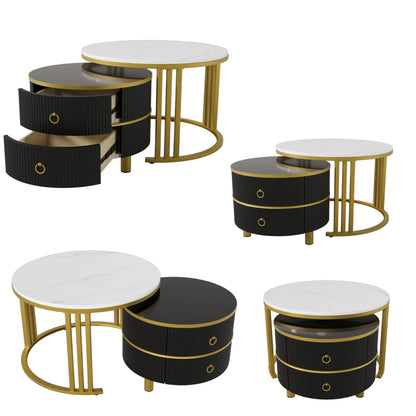 Ronde Salontafel – Bijzettafel – Woonkamertafel – Opbergtafel – 2-in-1 Set – Marmerlook Hoogglans – MDF Met Lade – 70x70x46 cm + 50x50x40 cm – Luxe Modern Design