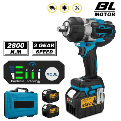 Slagmoersleutel - Slagmoersleutel - Slagschroevendraaier - Krachtige Draadloze Slagmoersleutel - Inclusief Plastic Opbergkoffer - 2800N.M Brushless -  Zonder Accu
