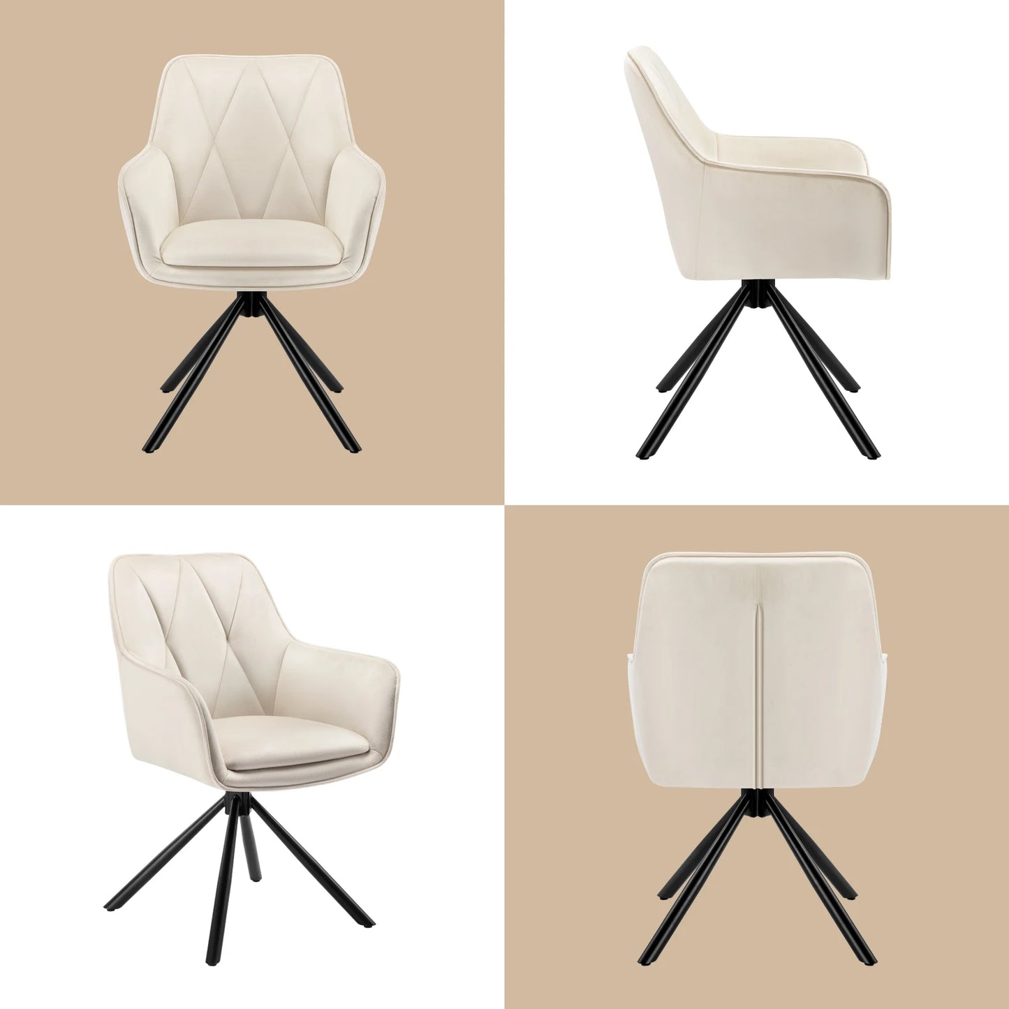 Eetkamerstoelen - Eetstoelen - Keukenstoelen - 2 Stuks - Ergonomische Scandinavische Stijl - met Rugleuning - Voor Keuken - Eetgedeelte - Fluwelen Zitje - Metalen Draaibare Poten - 57.5 x 85.5 x 58.5 cm - Beige