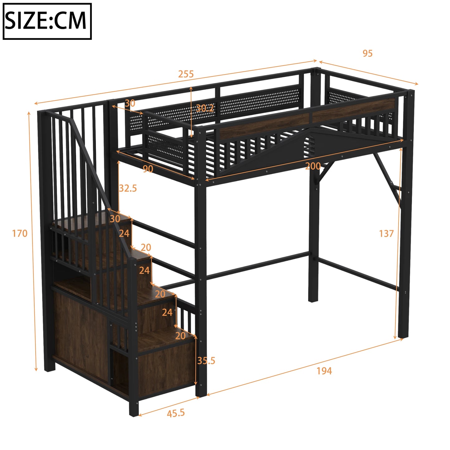Hoogslaper – Kinderbed – Stapelbed – Eenpersoonsbed – Mezzaninebed – 90x200 cm – Massief Grenenhout – LED-verlichting Met Bureau & Opbergruimte