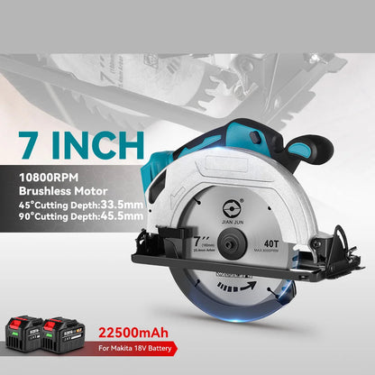 Cirkelzaag - Zaag - Cirkelzaagmachine - Draadloze - Borstelloze - 7" (180mm) - 5000RPM - Verstelbare Hoek – Compatibel met 18V/21V Batterijen – Voor Hout, PVC en Steen