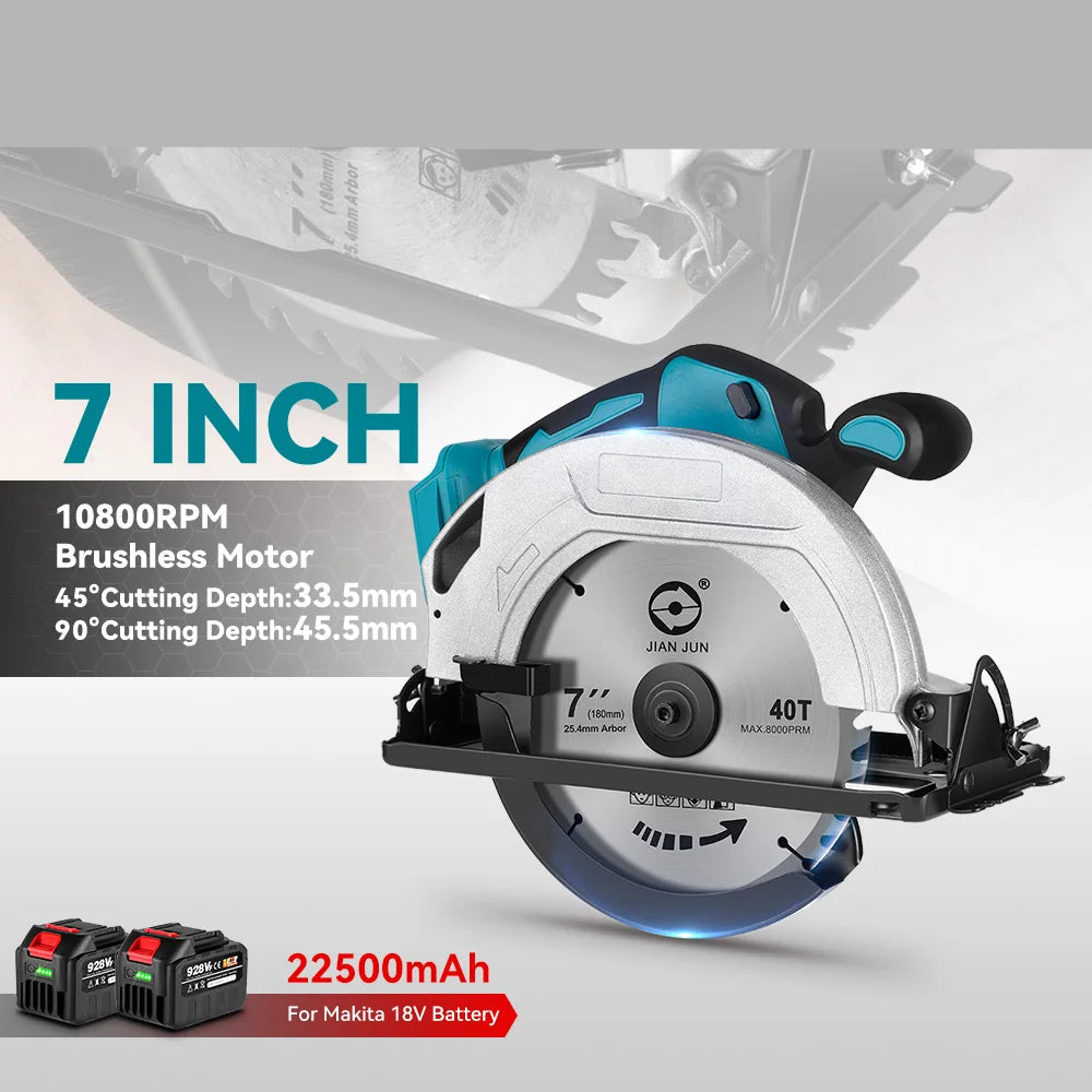 Cirkelzaag - Zaag - Cirkelzaagmachine - Draadloze - Borstelloze - 7" (180mm) - 10800RPM - Verstelbare Hoek – Compatibel met 18V/21V Batterijen – Voor Hout, PVC en Steen