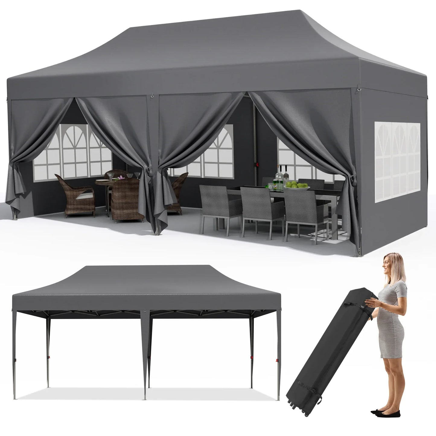 Partytent - Tent - Paviljoen - Partytenten - 3x6m - Waterdicht Party Tent - Opvouwbare - UV 50+ Bescherming – Hoogte Verstelbaar – Inclusief Zijpanelen & Zandzakken - Donkergrijs