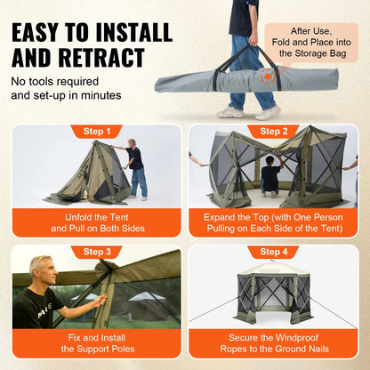 Partytent - Gazebo - Kampeertent - Opvouwbare - Handige Draagtas - Waterdicht en UV50+ Bescherming - met 6 Winddoeken en Mesh Ramen - 10x10ft Groen - QUORE
