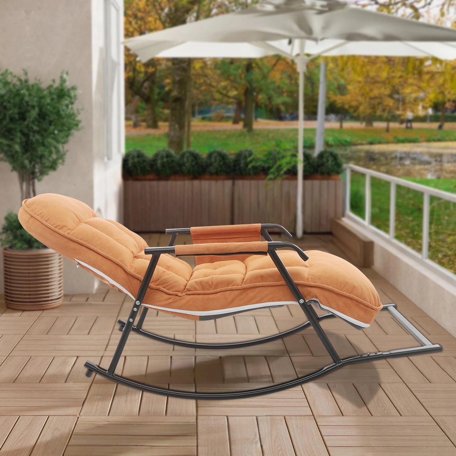 Schommelstoel – Relaxstoel – Fauteuil – Loungestoel – Voedingsstoel – Verstelbare Rugleuning – Tech Stof En Stalen Frame – Comfortabele Gevuld Zitvlak – Oranje - QUORE