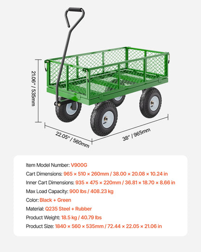 Tuinwagen - Tuinkar - Heavy-duty - 900 lb Draagkracht - 2-in-1 Plat- en - Hekwerkontwerp - 360° Draaibare Wielen - Voor Tuin - Erf en Magazijn - Ergonomische Handgreep - QUORE