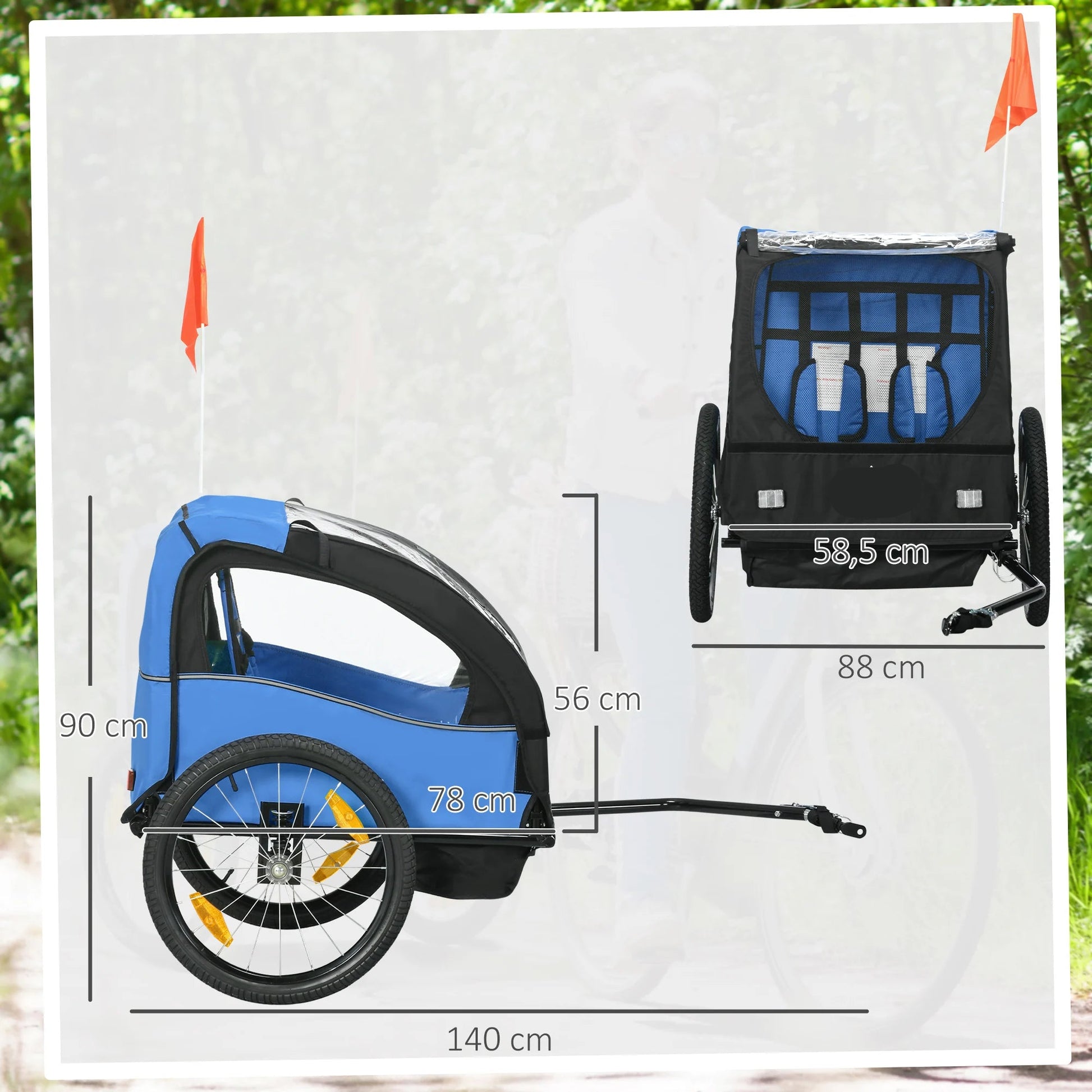 Fietskar - Fietsaanhanger - Transportaanhanger - 2-zits met Veiligheidsgordel - Draagkracht 40kg - Veiligheidsvlag - Perfect voor Dagelijks Transport - Metalen Frame - Oxford-doek - 140 x 88 x 90 cm - Blauw - QUORE
