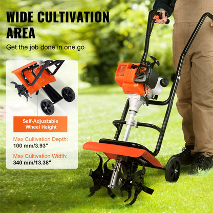 Benzine Tuinfrees - Grondfrees - Frees - Cultivator - Tuingereedschap - 43cc Motor – 4 Verstelbare Stalen Tanden - Bodemfrees - Tuinploeg - Grondfreesmachine - Geschikt voor Tuin, Gazon & Bodembewerking - QUORE
