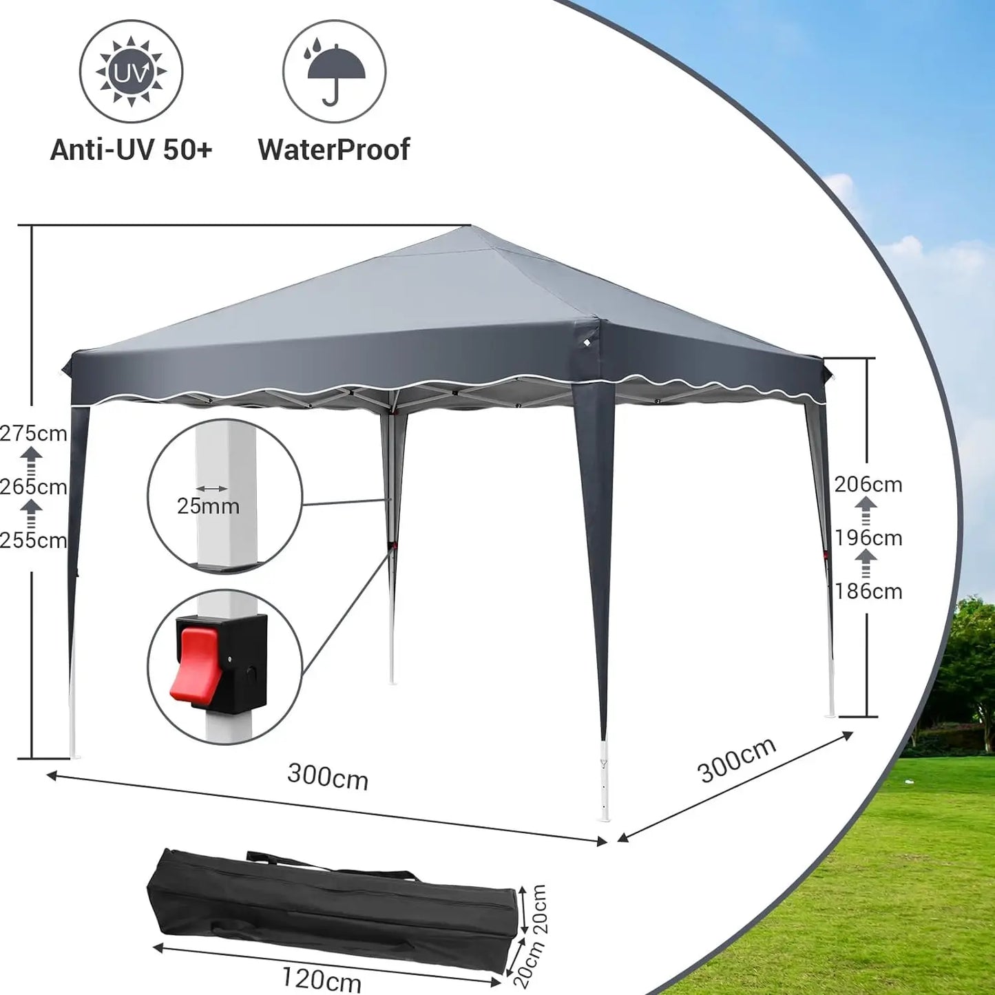 Paviljoen - Tuinpaviljoen - Partytent - Tuintent - Pop-up Kliksysteem - Stabiel - Vouwtent - met 4 zijpanelen - Opvouwbaar - Waterdicht - Hoogte Verstelbaar - 50+UV-Bescherming - voor Tuin - Buiten - Achtertuin - 240D Oxford - 3 x 3 m - Grijs - QUORE