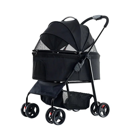 Hondenbuggy - Hondenkar - Kattenbuggy - Opvouwbare - Huisdierenbuggy - met 4 Wielen – Geschikt voor Huisdieren tot 30 kg – Jogger met Opbergmand en Ademend Gaas - Zwart