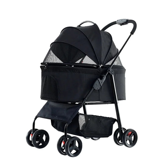 Hondenbuggy - Hondenkar - Kattenbuggy - Opvouwbare - Huisdierenbuggy - met 4 Wielen – Geschikt voor Huisdieren tot 30 kg – Jogger met Opbergmand en Ademend Gaas - Zwart