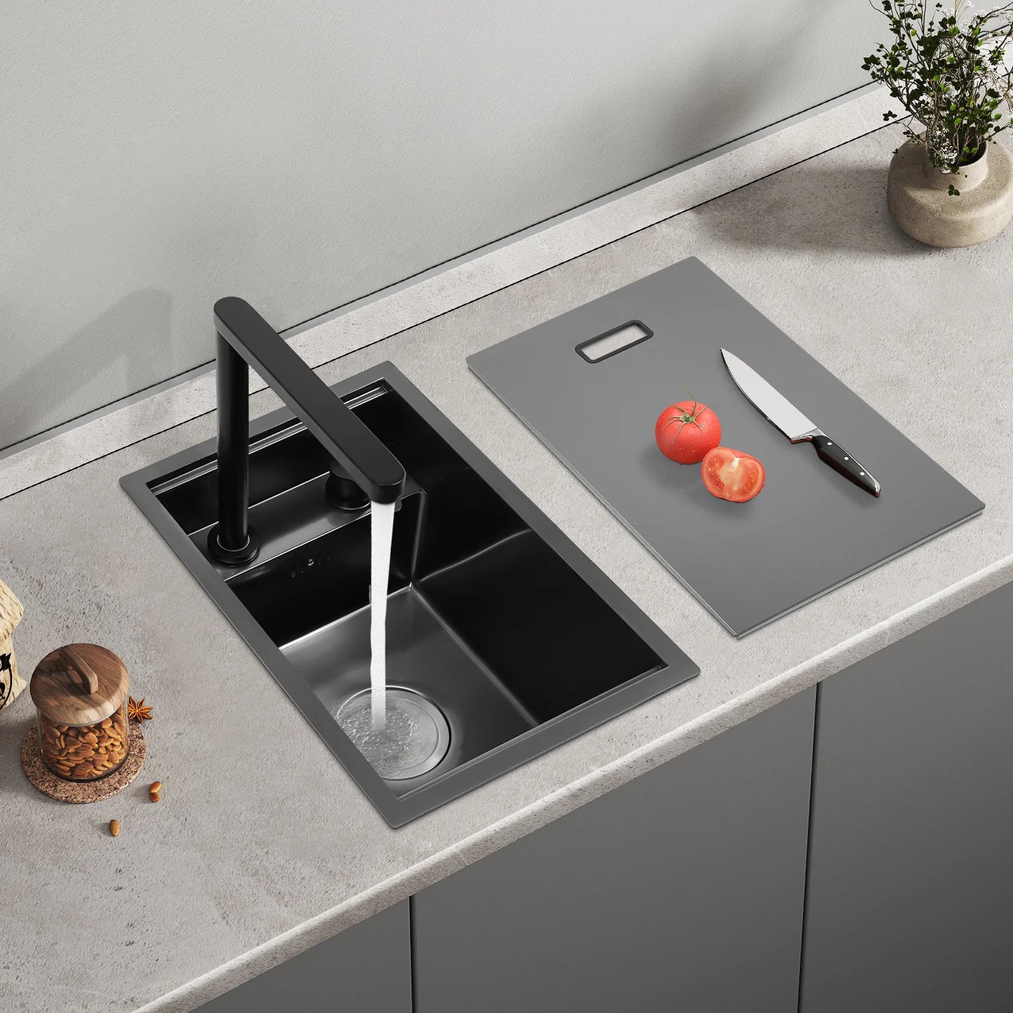 Inbouwspoelbak – Keukenspoelbak – Gootsteen – Spoelbak Met Kraan – Afwasbak – RVS 304 Roestvrij Staal – Matte Zwarte Nano Coating – Liftkraan 360° Draaibaar