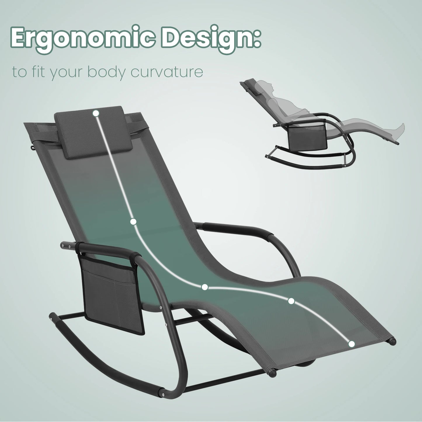 Tuinligstoel - Ligstoel - Outdoor Loungestoel - Schommelstoel - Campingstoel - Inklapbaar - Zonnebed - met Zijvak - en Hoofdkussen - 152x83x62cm -voor Balkon - Tuin - Terras - Strand - Zwembad - Grijs