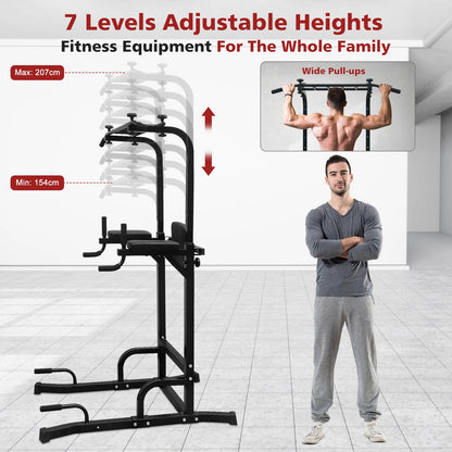 Power Tower – Fitnessstation – Thuisgym – Krachtstation – Workoutapparaat – Draagvermogen Tot 200 Kg – In Hoogte Verstelbaar - 225 x 97 x 207 - Zwart - QUORE