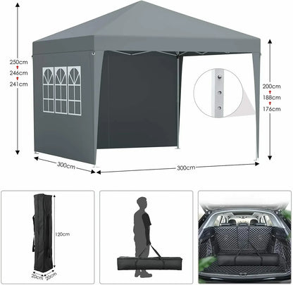 Partytent 3x3m – Vouwtent – Tent – Overkapping – Paviljoen – Waterafstotend Oxford Polyester – Verstelbare Hoogte Donkergrijs - QUORE