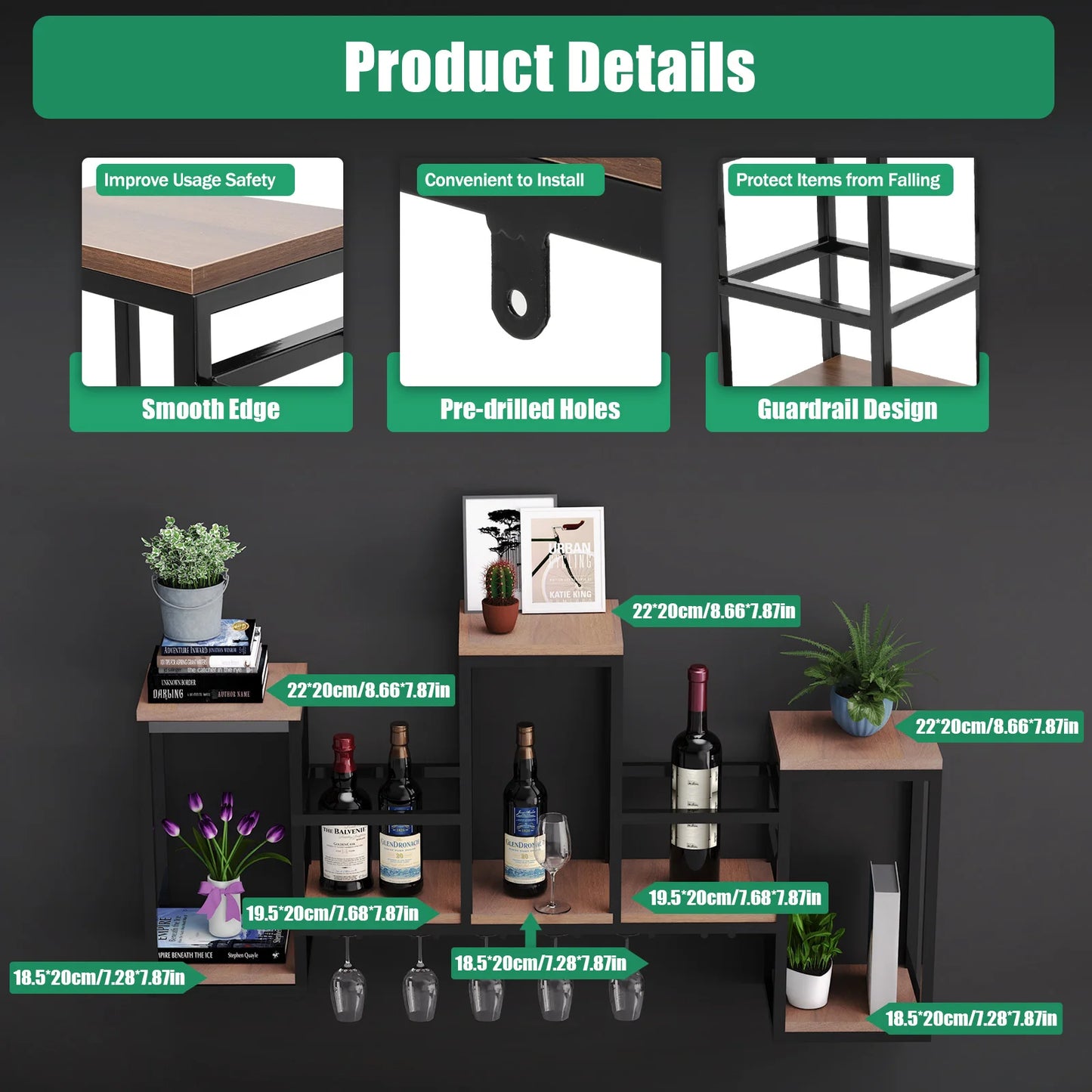 Wijnrek – Wijnhouder – Wijnplank – Glazenhouder – Massief Hout – Draagvermogen 30 Kg – Europees Design - 106 x 20 x 40 cm - Bruin - QUORE