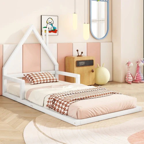 Kinderbed - Plat Bed - Huisvorm - Massief Grenen - Eenvoudige Vorm - 90*200 cm - Beige