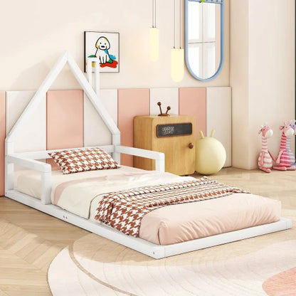 Kinderbed - Plat Bed - Huisvorm - Massief Grenen - Eenvoudige Vorm - 90*200 cm - Beige