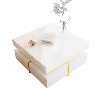 Salontafel – Koffietafel – Tafel – Woonkamertafel – Hoogglans Afwerking – Gouden Accenten – Twee Lades