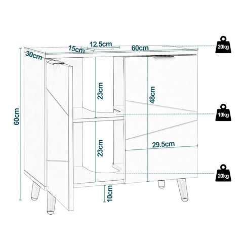 Badkamermeubel - Badkamerkast - Wastafelonderkasten - Wastafelmeubel - 60x60x30cm - 2 Deuren - Poten Verstelbaar Planchet Vrijstaand - Badmeubel Wastafelkast - Wit