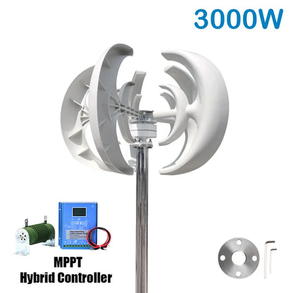 3000W Hybride Windturbine – Verticale As Generator – Zonne-energie Systeem – Accu-opslag – Omvormer – 48V Wit – MPPT Boost Controller – Geruisloos & Duurzaam