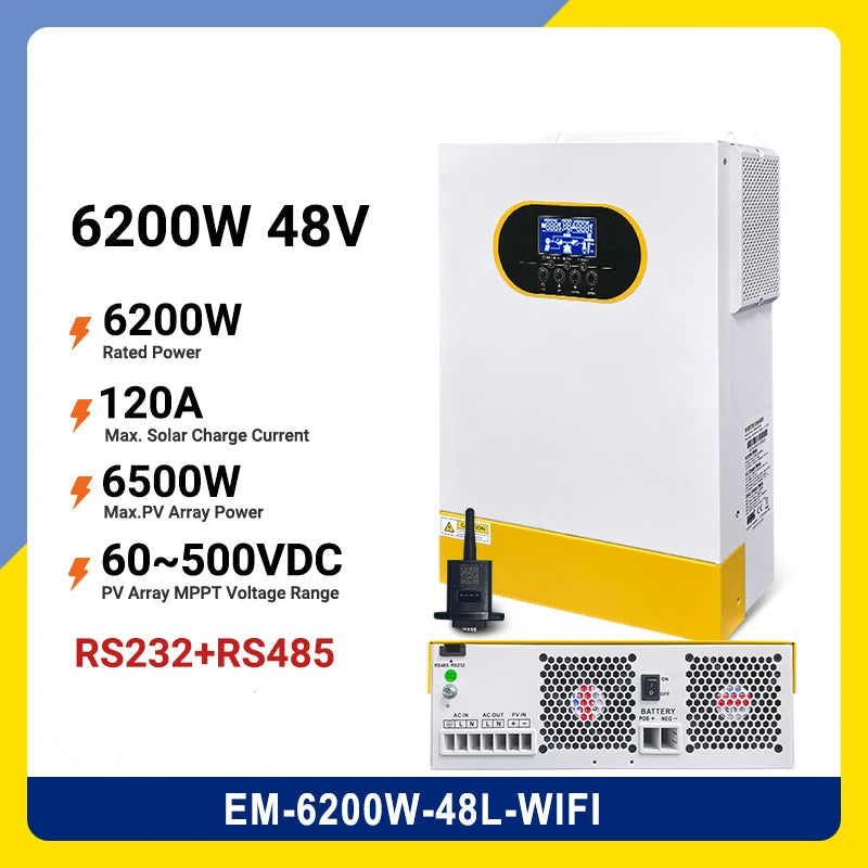 Hybride Zonne-Energie Omvormer – Solar Omvormer – PV Omvormer – Zonnepaneel Omvormer – Netgekoppelde Omvormer – 6,2 kW / 11 kW vermogen – WiFi en RS232 Communicatie