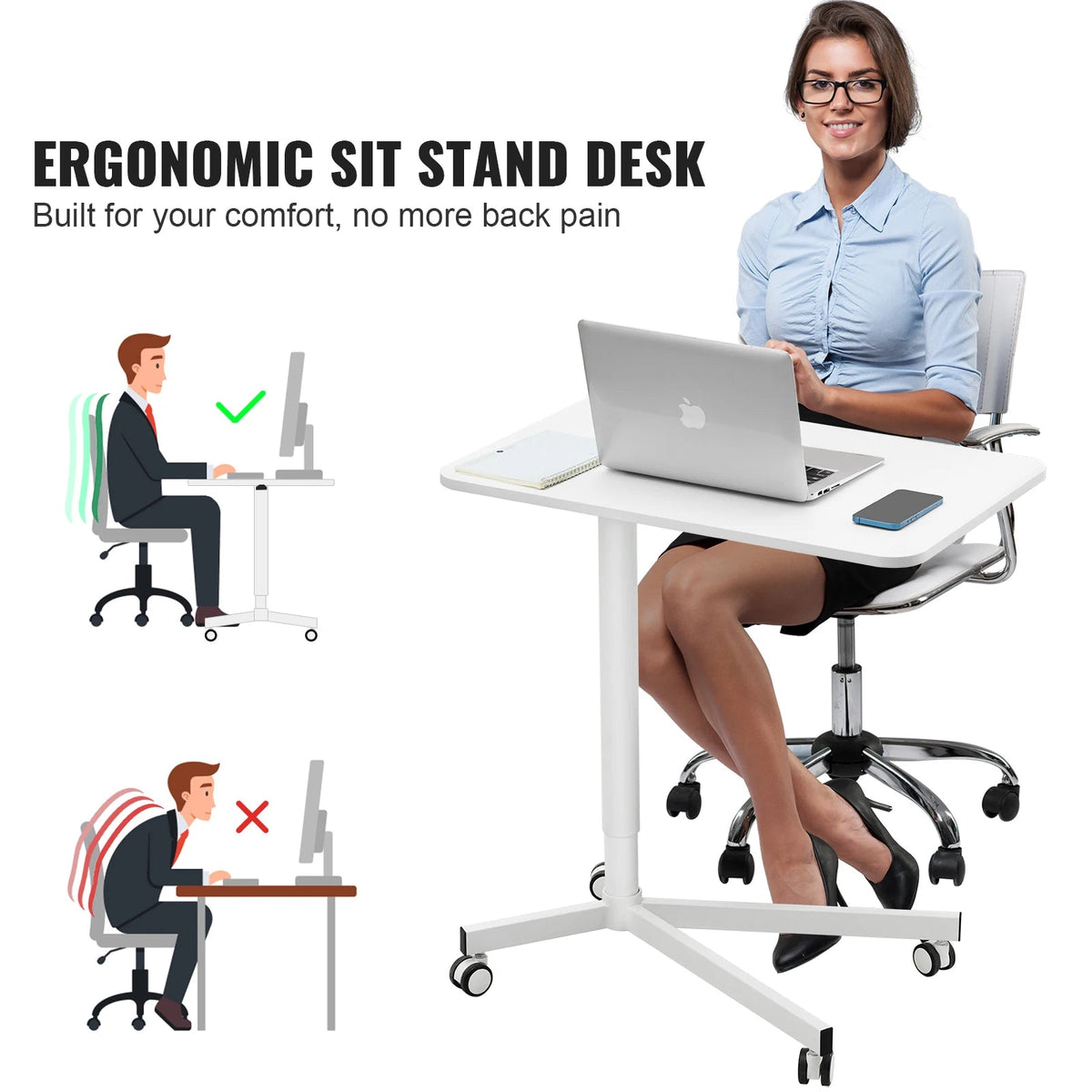 Bureautafel - Bureautafel voor Volwassenen - Bureautafel voor Computer - Computer bureau - Computer Tafel - Laptoptafel - Gaming Bureau - Gasveer - Hoogteverstelbaar - Zit-sta bureau - met wielen - Draagbaar - Rollende laptoptafel - 27.1x18.9in - Wit