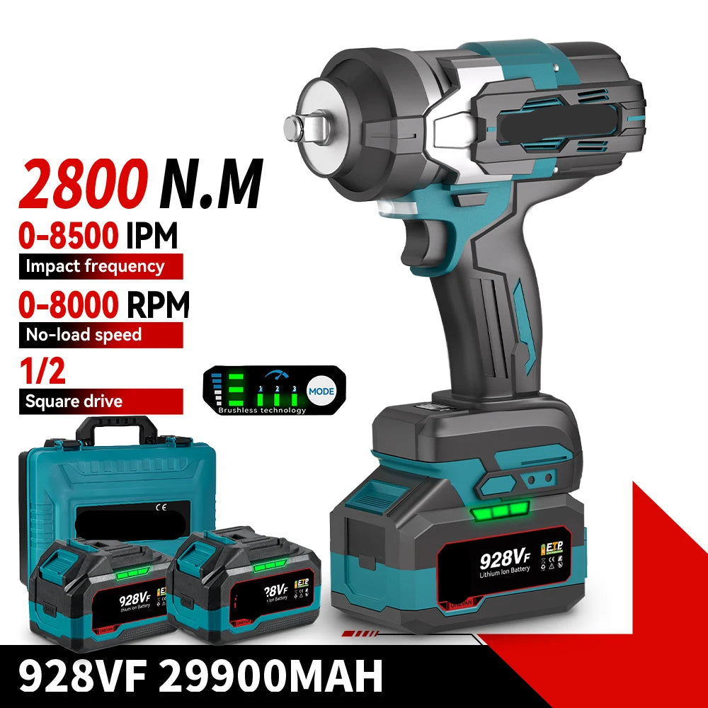 Slagmoersleutel - met Accu - Slagschroevendraaier - Brushless - Elektrische - Torque - 1800Nm - Draadloze - 1/2 Inch - 18V Batterij - Handgereedschap - 2 Accu