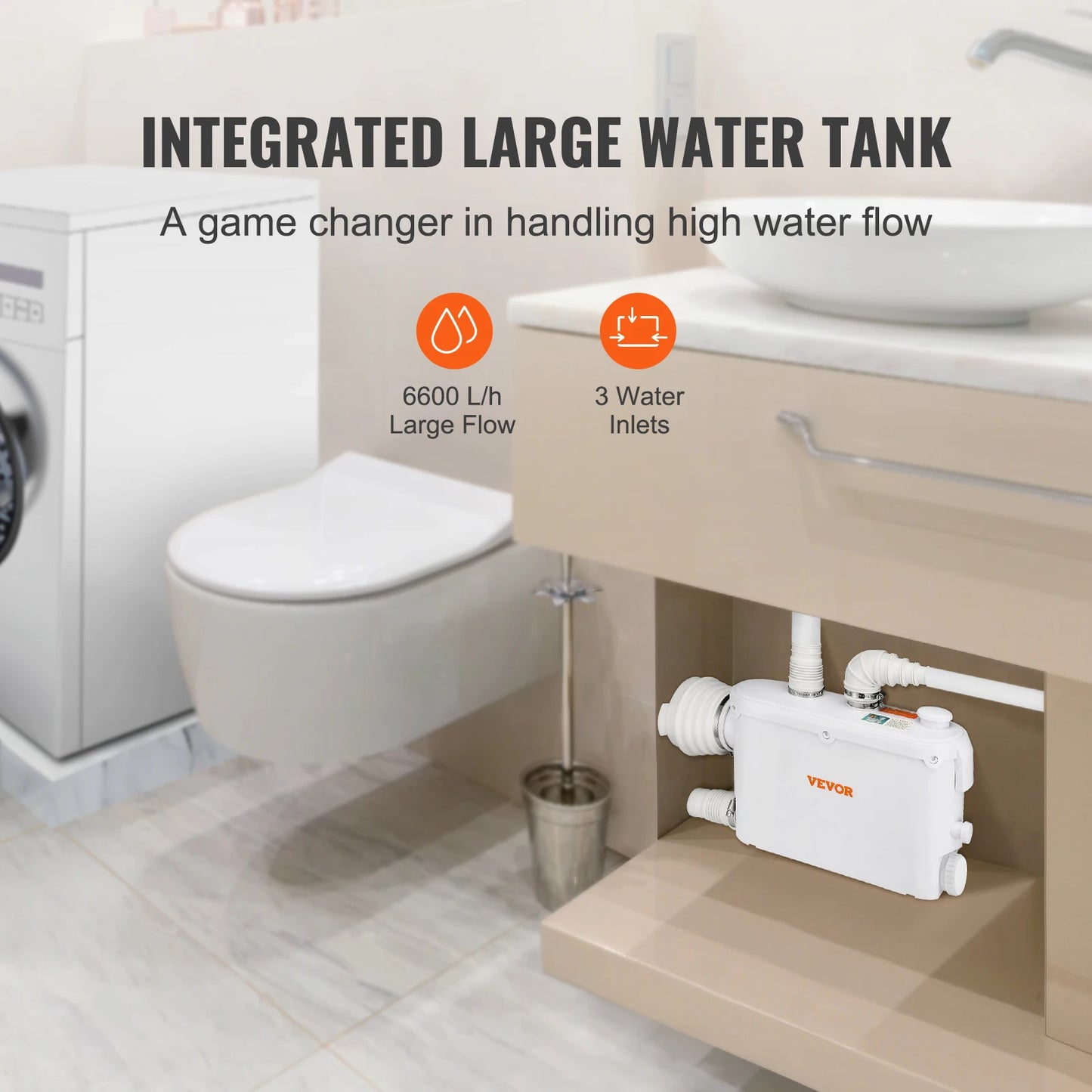 Macerator Pomp - Waterpomp - Vuilwaterpomp - 500W - 6600 L/u Capaciteit - 8m Opvoerhoogte - 3 Inlaten voor Afvalwater Afvoer