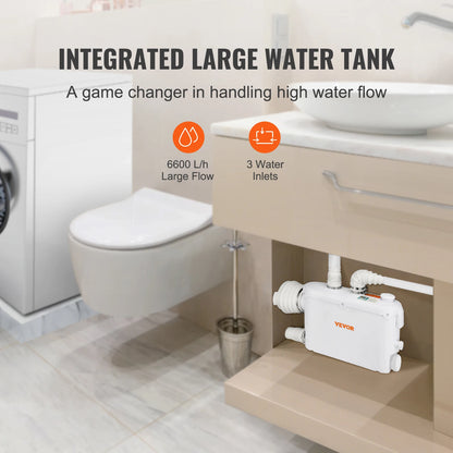 Macerator Pomp - Waterpomp - Vuilwaterpomp - 500W - 6600 L/u Capaciteit - 8m Opvoerhoogte - 3 Inlaten voor Afvalwater Afvoer