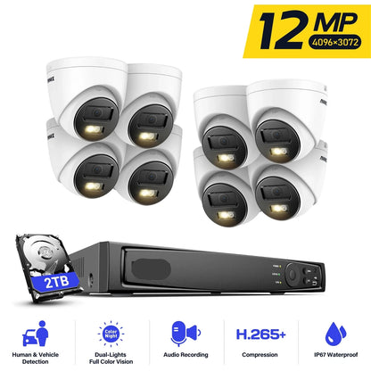 Beveiligingscamerasysteem - Camerabewaking - Beveiligingscamera - met Nachtzicht - 12MP - 8 PoE Camera's en NVR - 4K HDMI - Tweeweg Audio - Bewegingsdetectie - Ingebouwde HDD: 2TB - QUORE