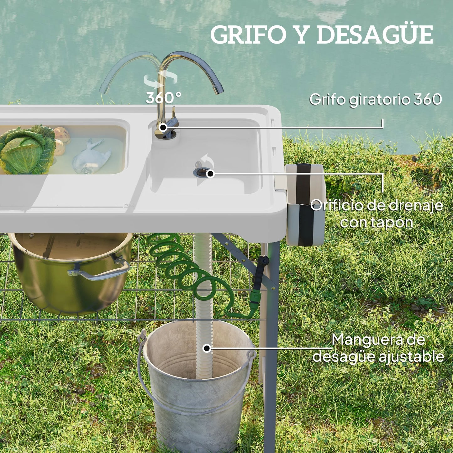 Draagbare Vis- En Campingtafel – Inklapbare Tafel – Spoelbaktafel – Buiten Tafel – HDPE Waterbestendig – Met Kraan En Opbergruimte - 108 x 58 x 92 cm - Wit
