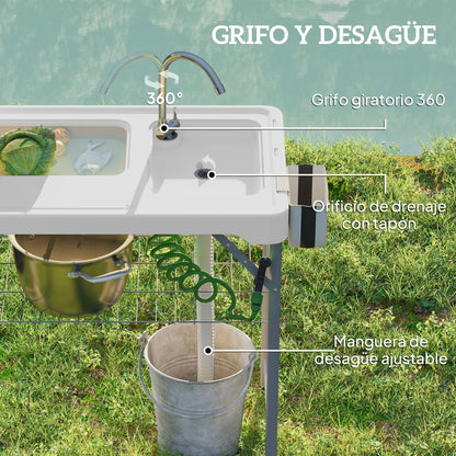 Draagbare Vis- En Campingtafel – Inklapbare Tafel – Spoelbaktafel – Buiten Tafel – HDPE Waterbestendig – Met Kraan En Opbergruimte - 108 x 58 x 92 cm - Wit