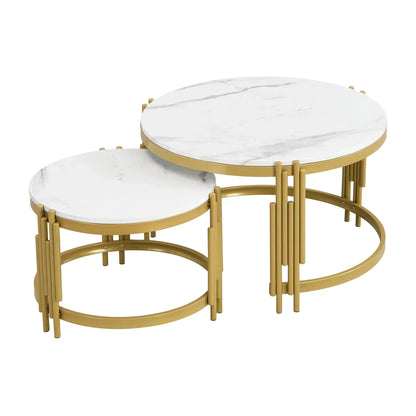 Salontafel – Koffietafel – Bijzettafel – Woonkamertafel – Ronde Tafel – 2-in-1 Set – Marmerlook MDF Blad – Goud Metalen Frame