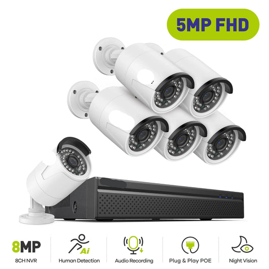 Beveiligingscamerasysteem - Camerabewaking - Beveiligingscamera - POE Camera Kit - 8CH NVR - 6 Camera's - Nachtzicht - Waterdicht - Audio & Bewegingsdetectie - 4K HDMI Output - Binnen en Buiten - Ingebouwde HDD: 2T