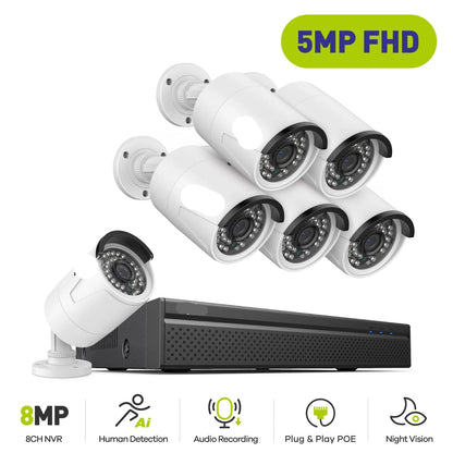 Beveiligingscamerasysteem - Camerabewaking - Beveiligingscamera - POE Camera Kit - 8CH NVR - 6 Camera's - Nachtzicht - Waterdicht - Audio & Bewegingsdetectie - 4K HDMI Output - Binnen en Buiten - Ingebouwde HDD: 1T