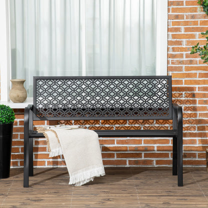 Tuin Bank - Tuinbank Hout - Tuinbanken - Garden Furniture - Stalen Tuinbank voor Twee Personen met Decoratieve Rugleuning - 127x63x83 cm - Zwart - QUORE