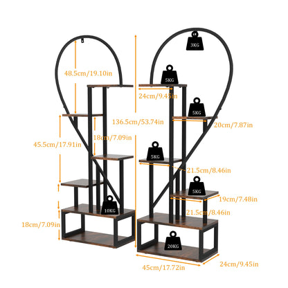 Plantenstandaard - Plantentafel - Plantenrek - Plantenzuil - 2-Pack Halve Hartvormige - Metalen - 6-Lagen Displayrek met Haken voor Binnen & Buiten