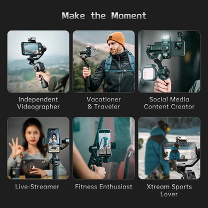 Gimbal Smartphone - Gimbal for Smartphone &amp; Camera - Handheld Mirrorless - Smartphone Handheld Gimbal Stabilizer - Selfie Tripod - with AI Magnetic Fill Light Flash for Video Recording - Black